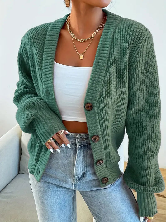 Chic Women's Solid Color Front Button Knit Cardigan Sweater Jacket for Spring and Autumn
