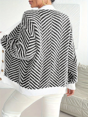 Elegant Women's Black & White Striped V-Neck Cardigan