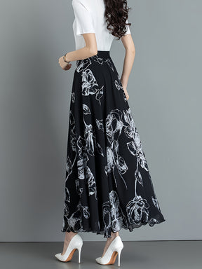 Elegant Black Floral Print Midi Skirt for Women