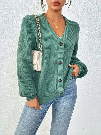 Chic Women's Solid Color Front Button Knit Cardigan Sweater Jacket for Spring and Autumn