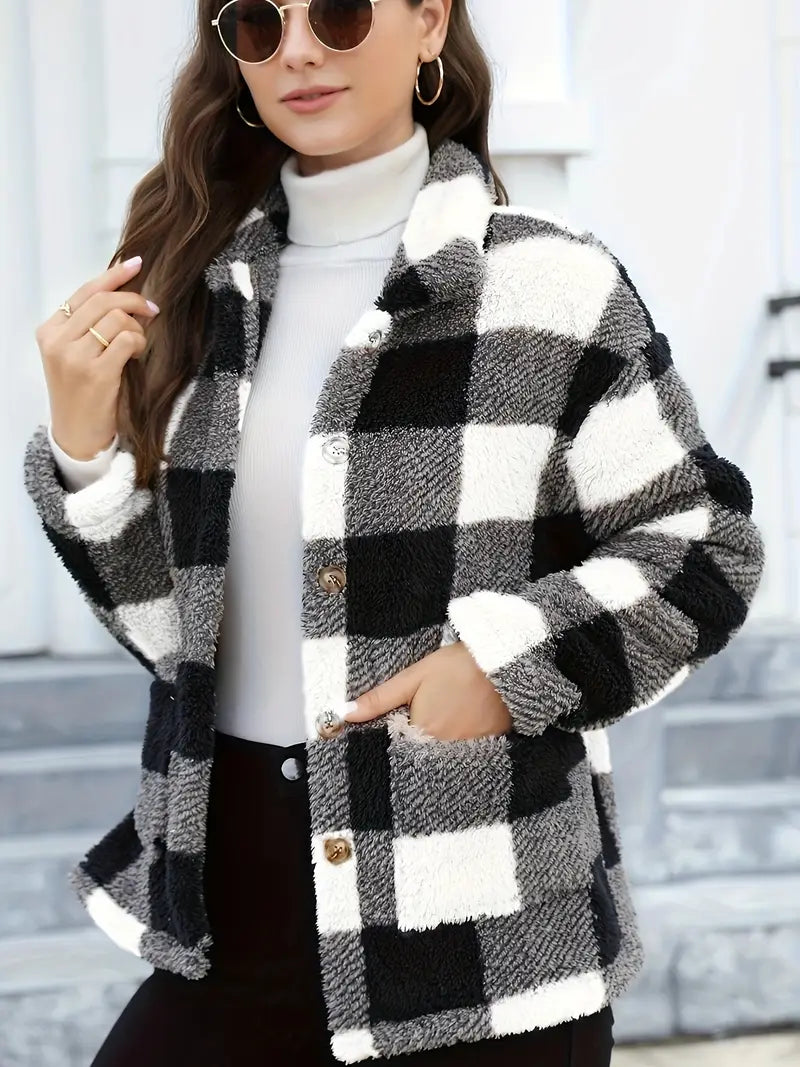 Teddy Coat with Checkered Print and Applied Pockets