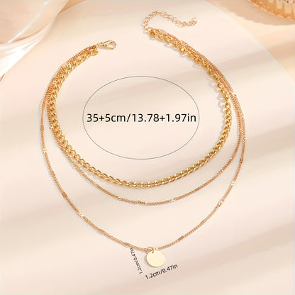 Stylish Boho-Chic Triple Layer Chain Necklace with Round Pendant