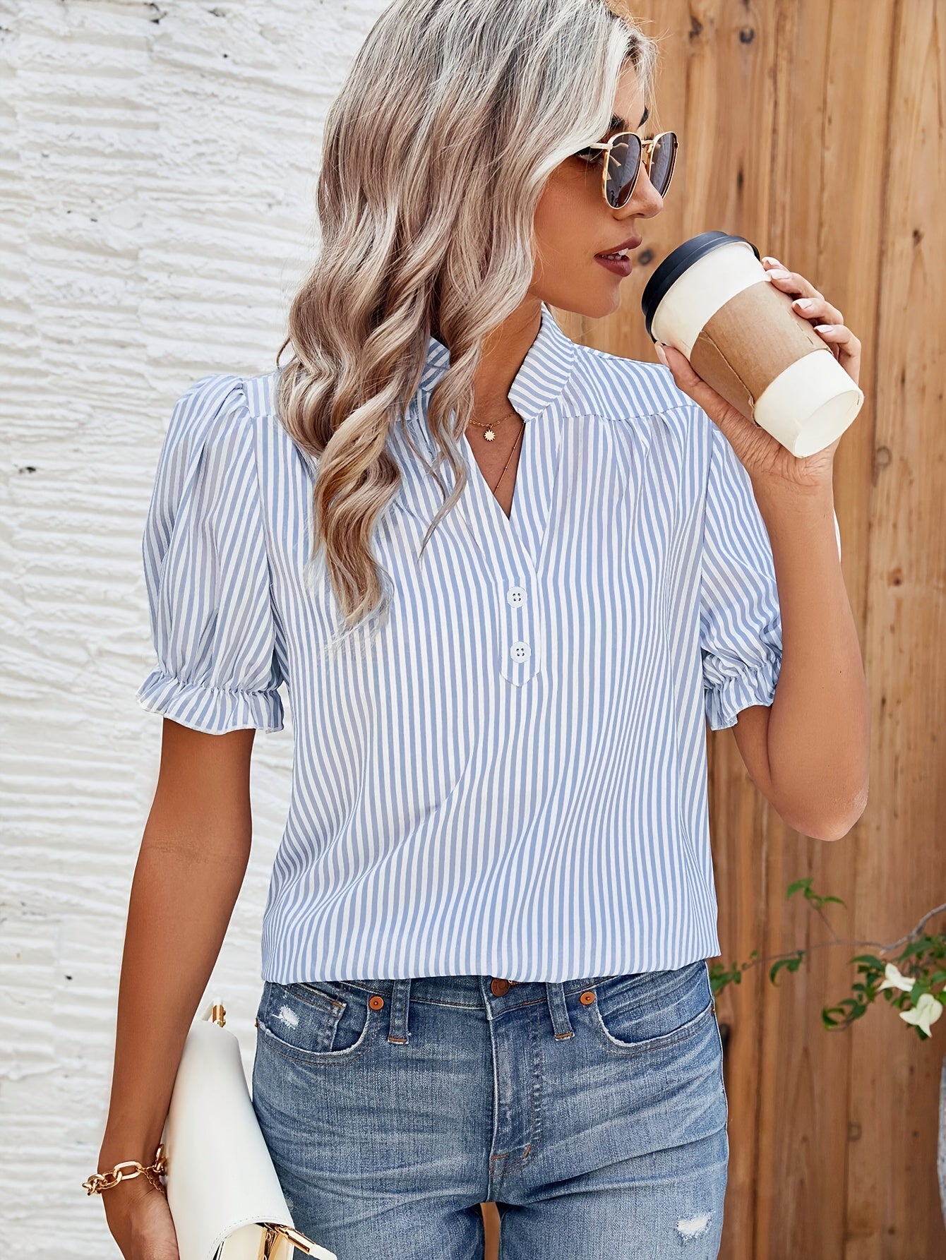 Women's Striped V-Neck Puff Sleeve Top