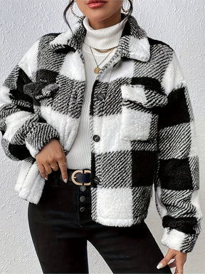 Plaid Button-Up Teddy Coat with Flap Pockets
