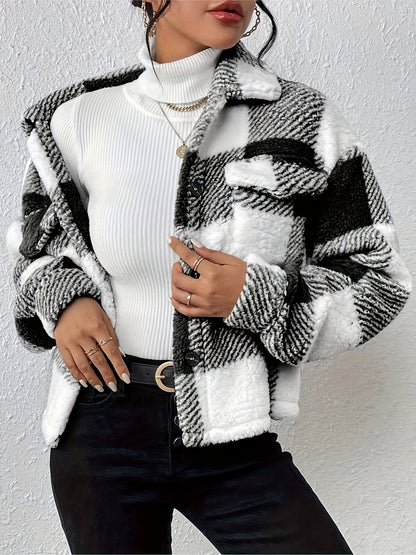 Plaid Button-Up Teddy Coat with Flap Pockets