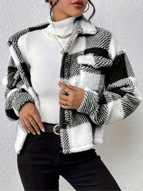 Plaid Button-Up Teddy Coat with Flap Pockets