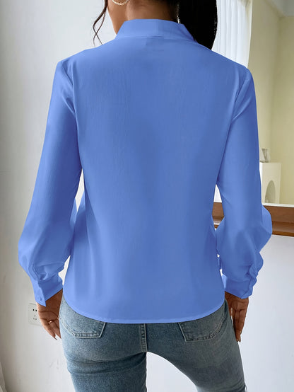 Solid Color V-Neck Long Sleeve Viscose Blouse for Spring and Autumn