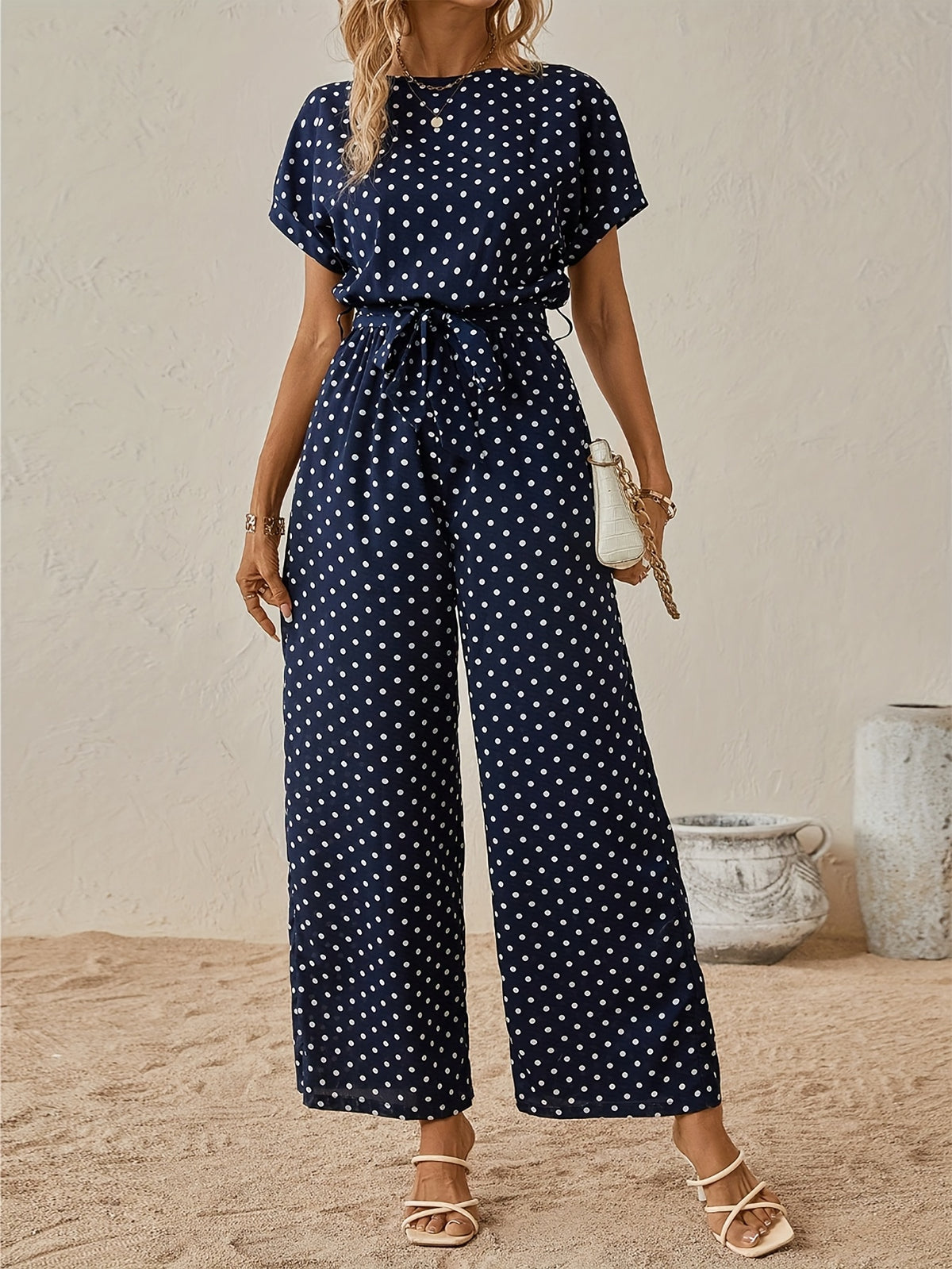 Polka Dot Batwing Jumpsuit with Waist Tie