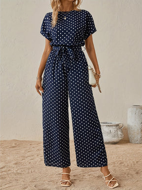 Polka Dot Batwing Jumpsuit with Waist Tie