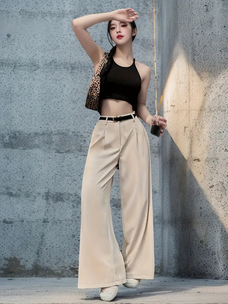 Elegant Beige High-Waisted Wide-Leg Pants for Women