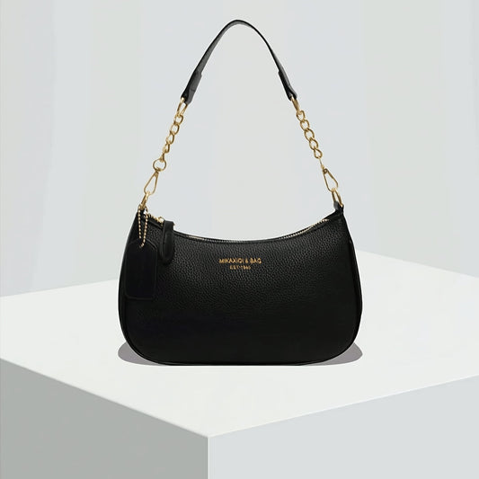 Elegant Black Synthetic Leather Shoulder Bag with Gold Chain Strap