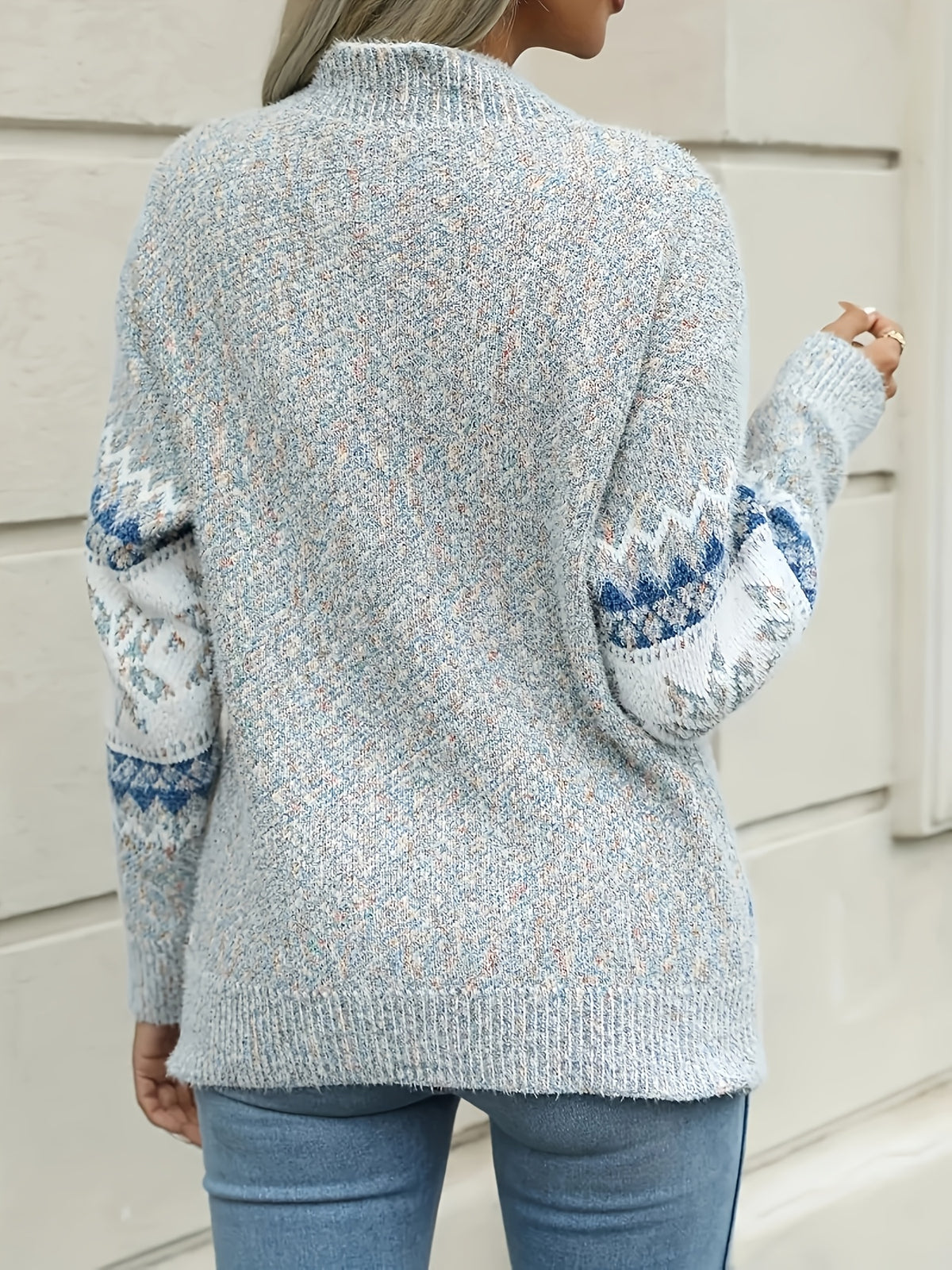 Women's Soft Pink & Blue Snowflake Print Stretchy Half-Turtleneck Sweater