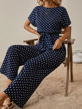 Polka Dot Batwing Jumpsuit with Waist Tie