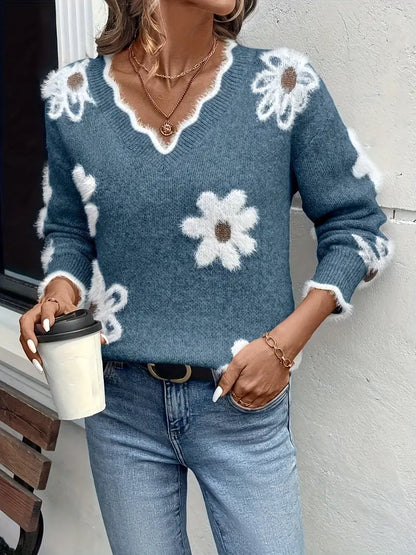 Women's Pink Floral V-Neck Sweater with White Daisy and Brown Center