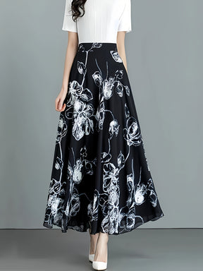 Elegant Black Floral Print Midi Skirt for Women