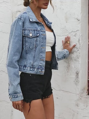 Women's Blue Cropped Denim Jacket with Long Sleeves